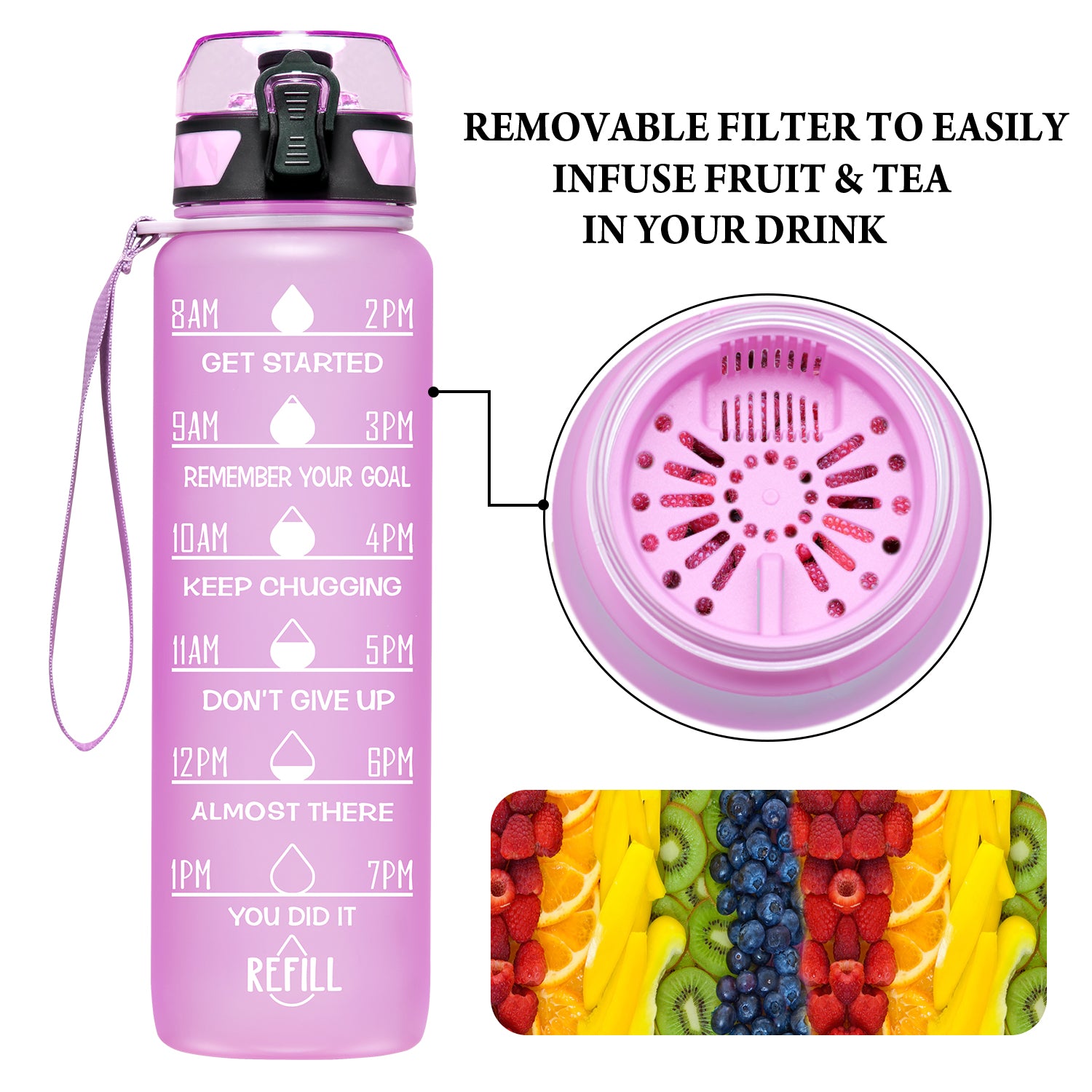 Elvira 32oz Motivational Fitness Sports Water Bottle with Removable Strainer Pink-Blue