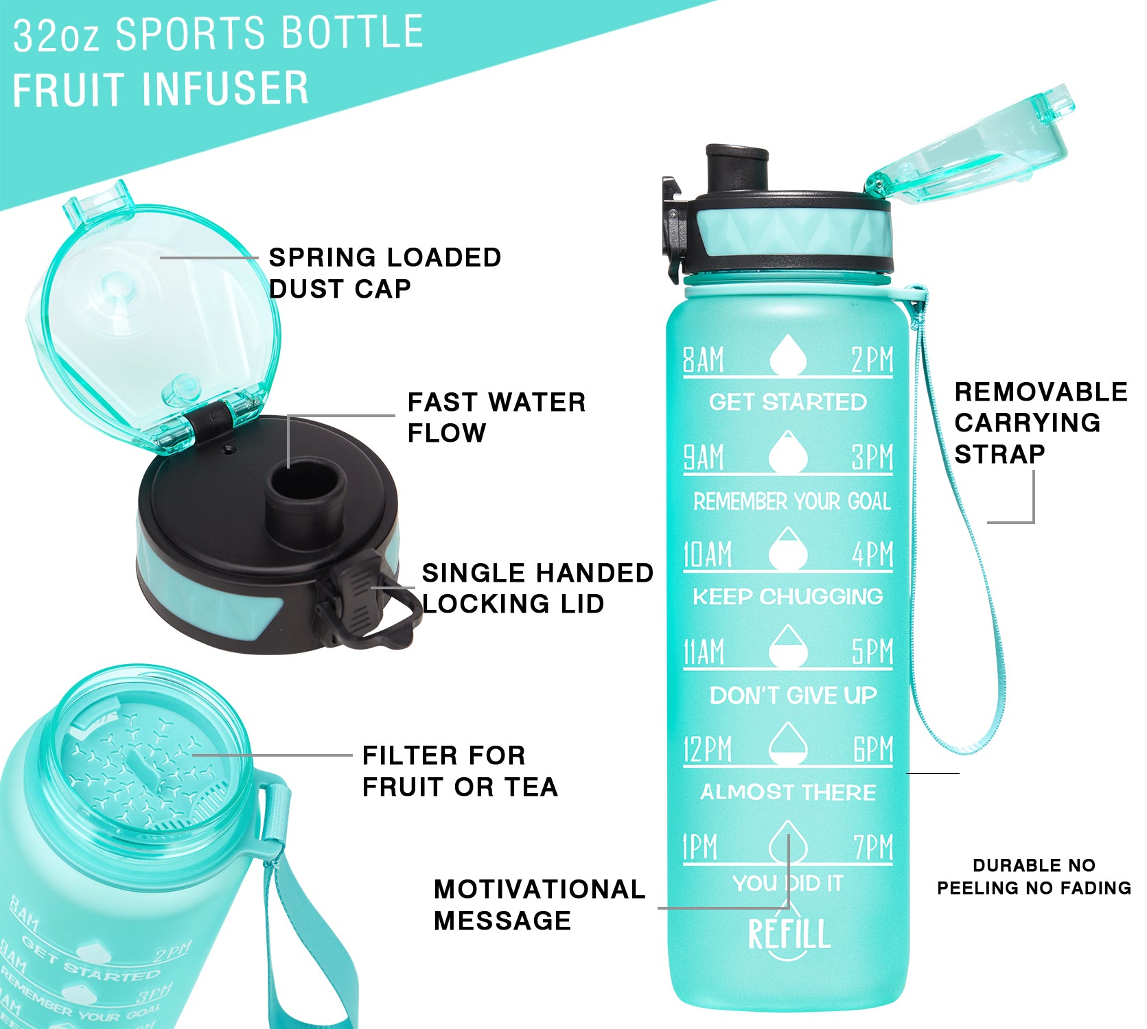 POFACT 32 oz Motivational Fitness Sports Water Bottle,1000ml with Time  Markers and Removable infuser…See more POFACT 32 oz Motivational Fitness  Sports