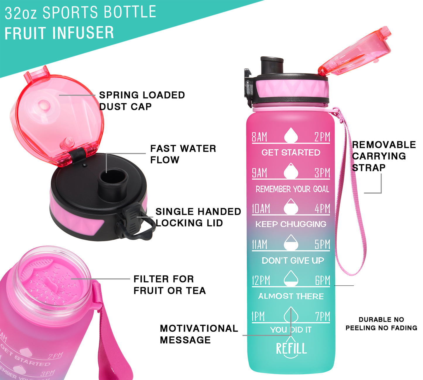 Elvira 32oz Motivational Fitness Sports Water Bottle with Removable Strainer