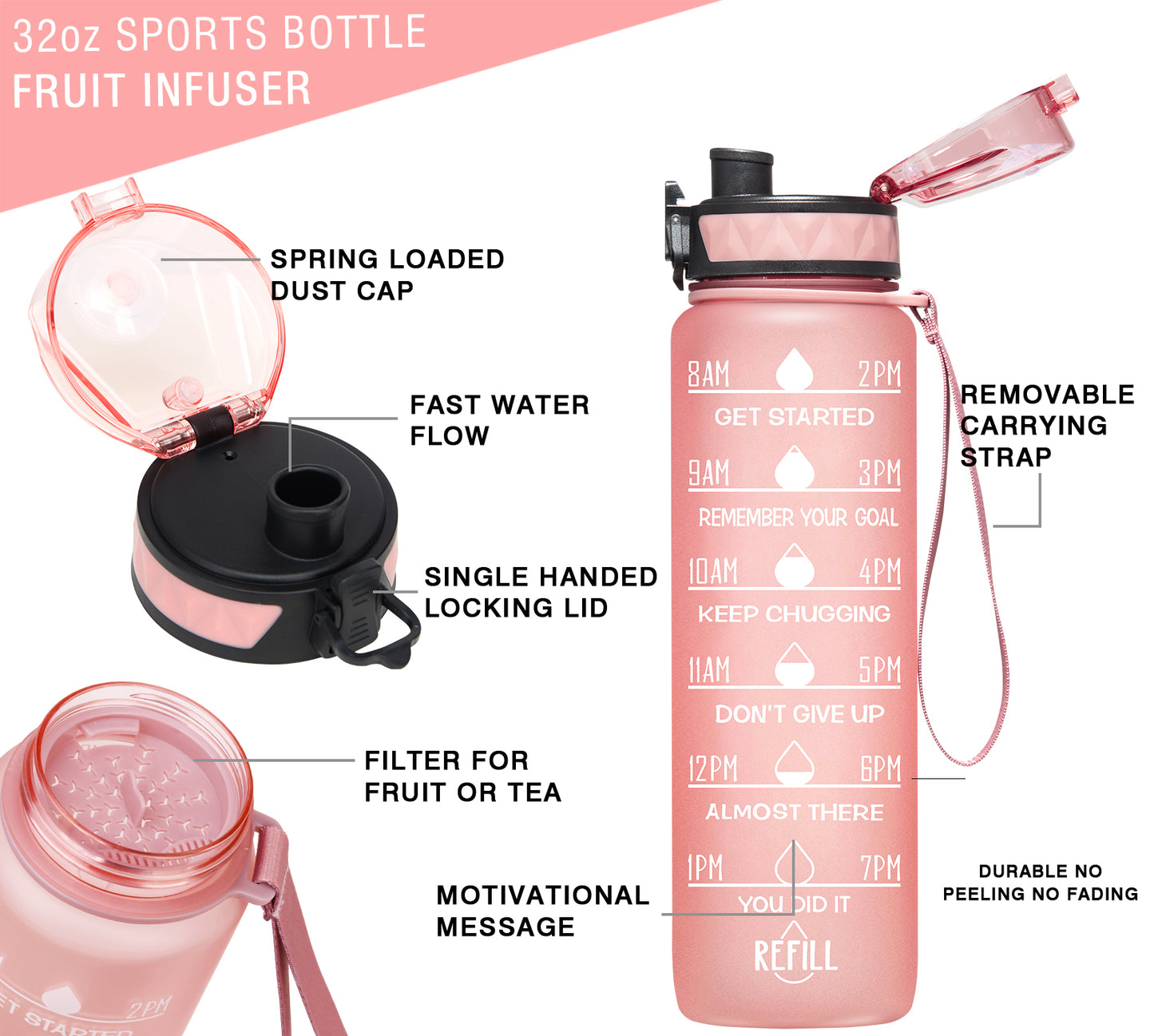 Elvira 32oz Motivational Fitness Sports Water Bottle with Removable Strainer