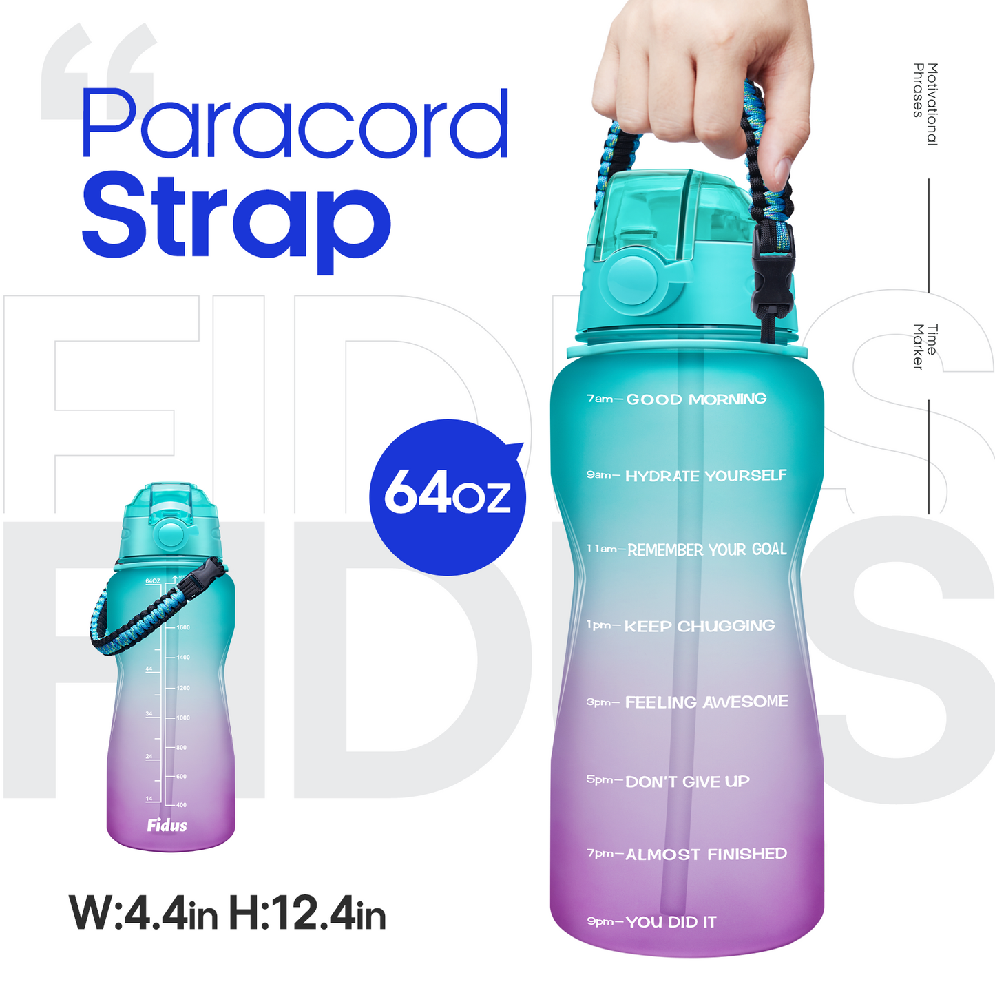 Fidus 64oz Motivational Water Bottle with Paracord Handle & Removable Straw