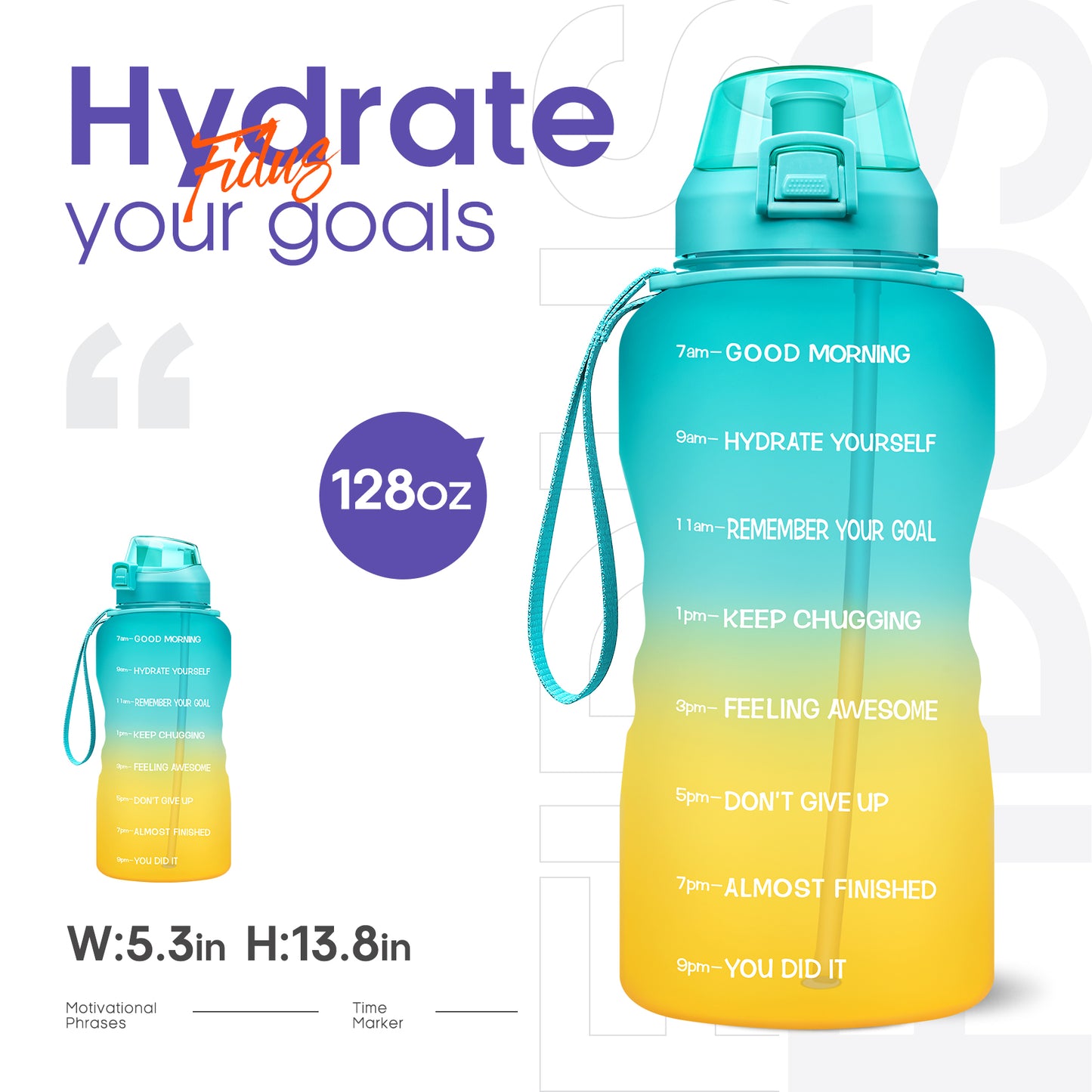 Fidus 128oz Motivational Water Bottle with Time Marker & Straw
