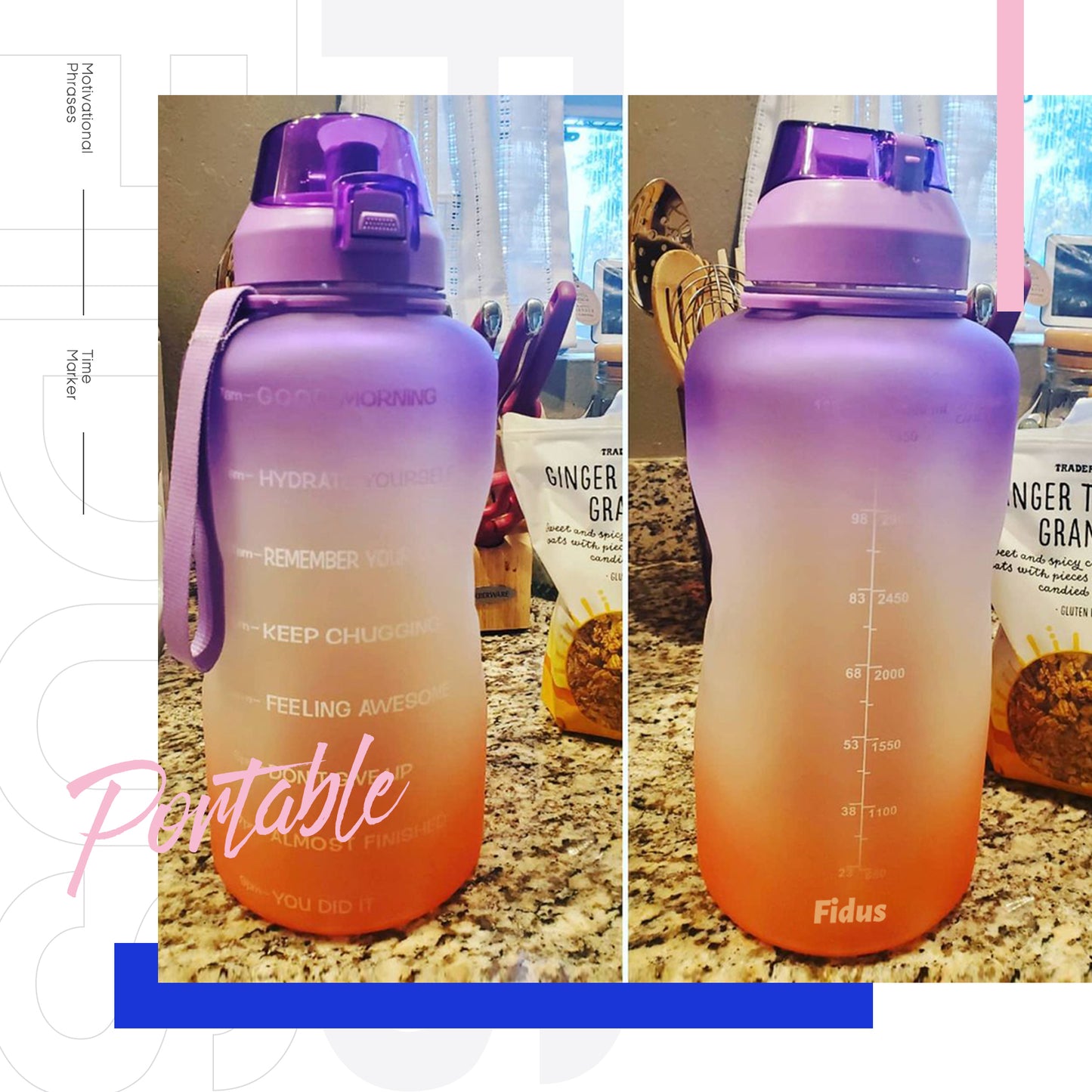 Fidus 64oz Motivational Water Bottle with Time Marker & Straw